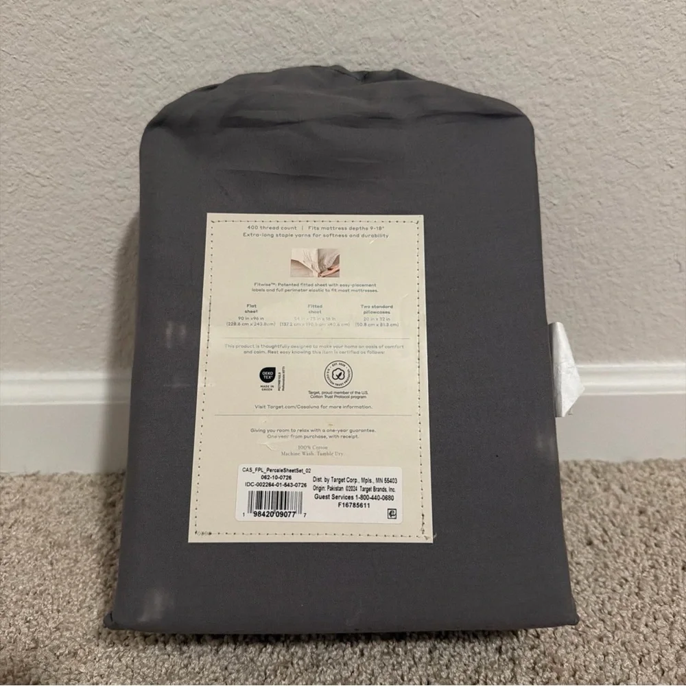 Casaluna Full 400 Thread Count Percale Sheet Set Dark Gray NEW